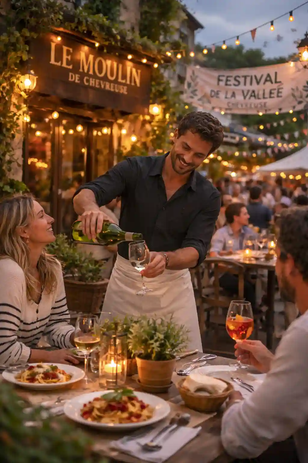Serveur servant du vin à une cliente de l'Hôtel-Restaurant de la Vallée à Chevreuse