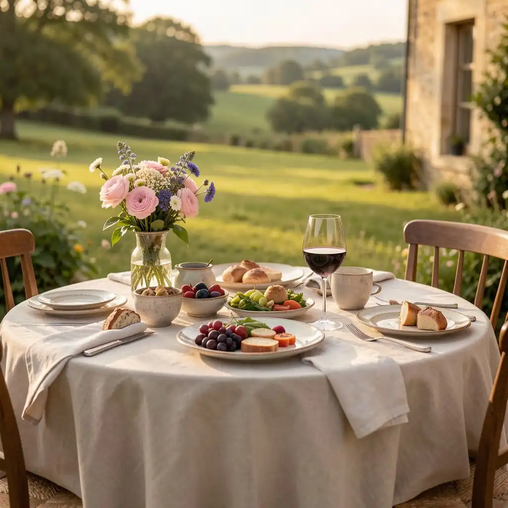 Art de vivre français autour d’une table gastronomique dans un cadre champêtre
