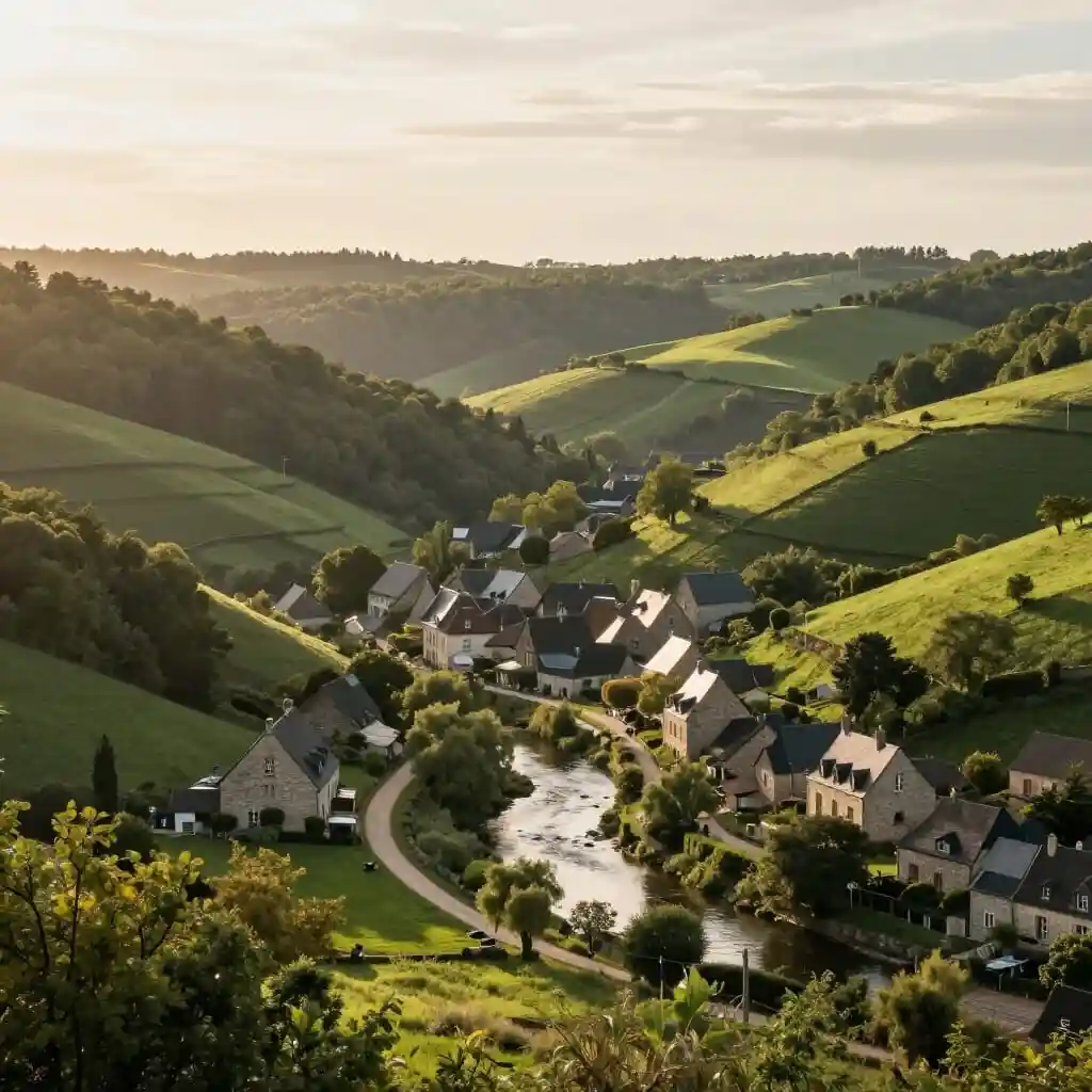 Paysage de vallée française avec village, nature et patrimoine rural