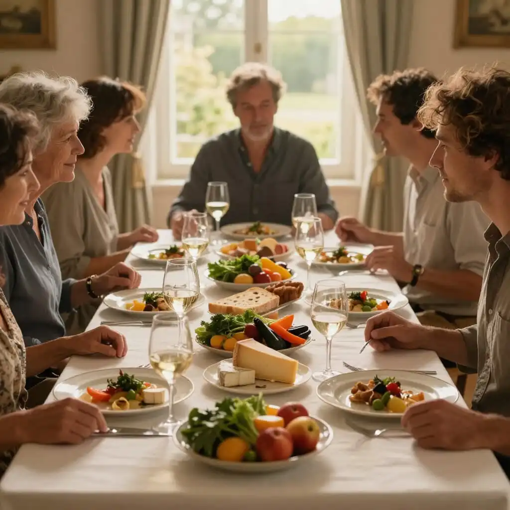 Repas convivial autour d’une table française avec des produits frais et traditionnels