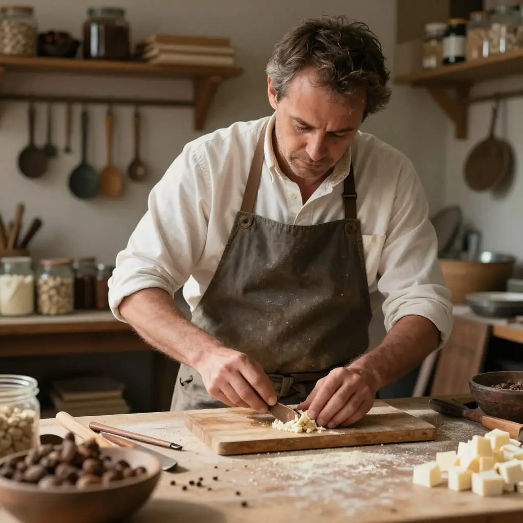 Artisan français préparant un produit traditionnel dans son atelier