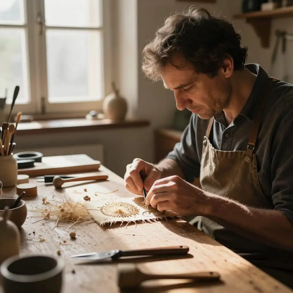 Artisan français travaillant dans un atelier traditionnel avec des outils et matériaux naturels
