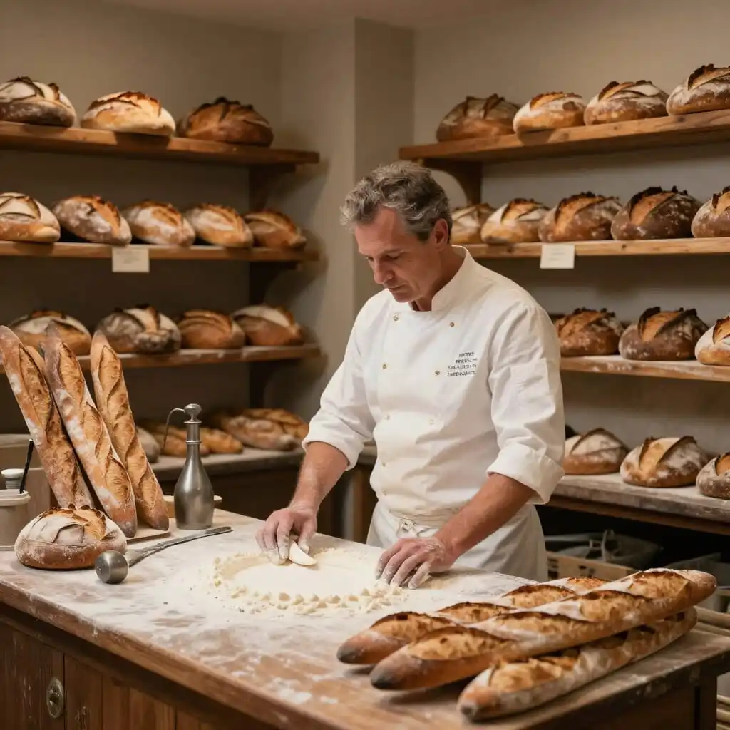 Boulanger français préparant des baguettes artisanales dans une boulangerie traditionnelle