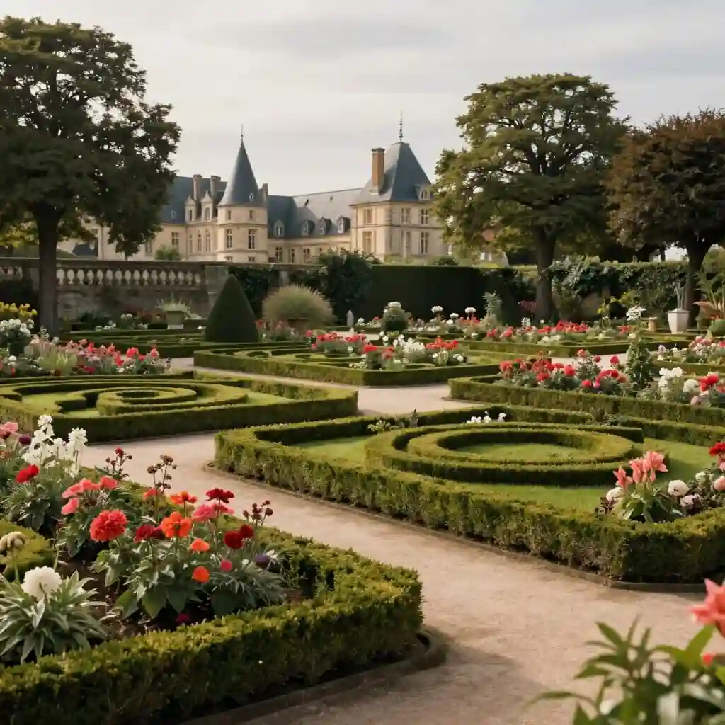 Jardin à la française fleuri entourant une demeure historique en Île-de-France
