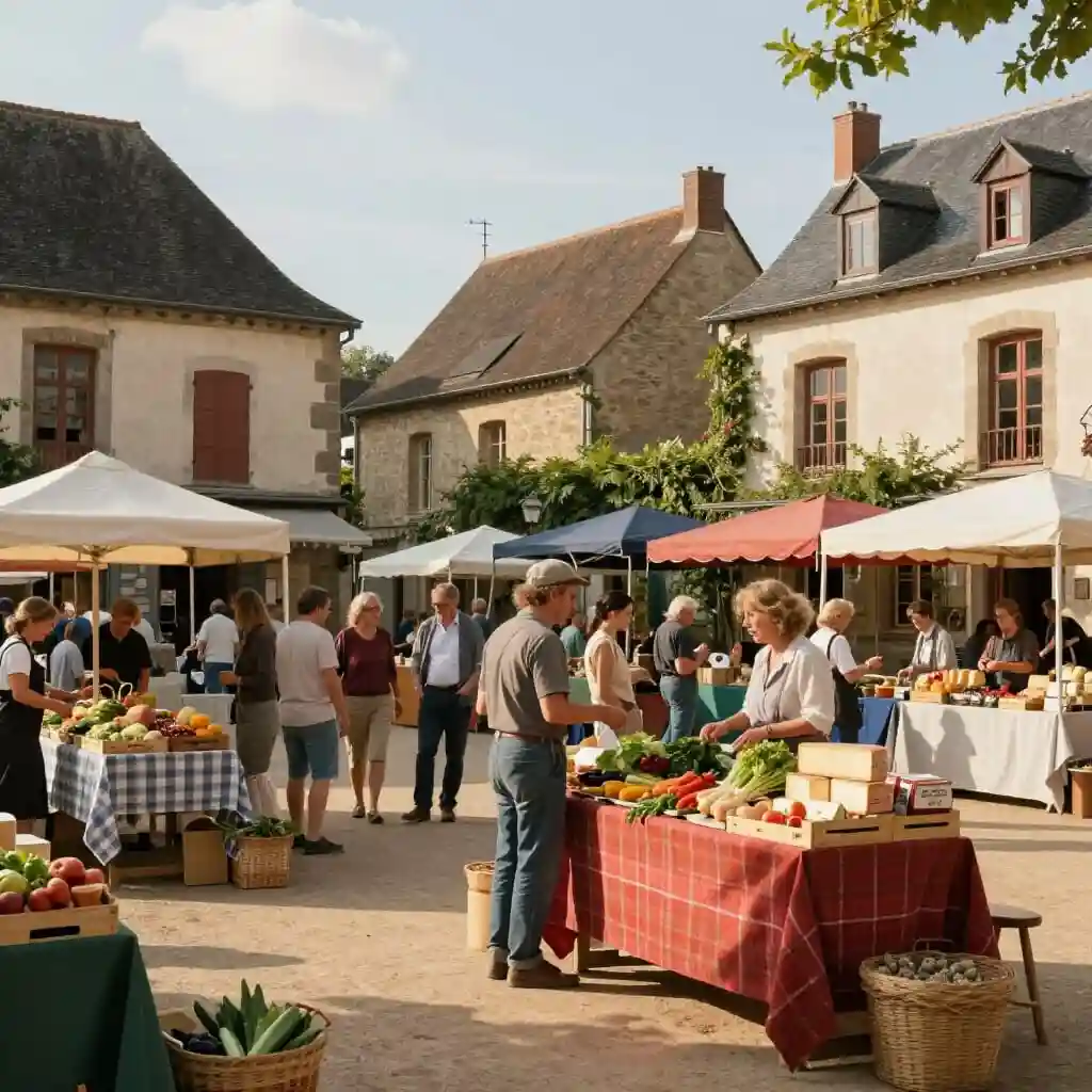 Marché rural français animé avec producteurs locaux et spécialités régionales
