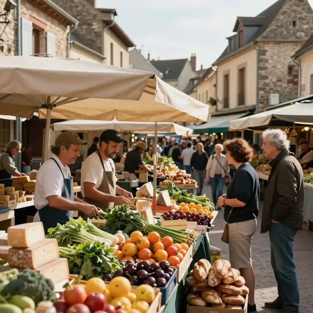 Marché français traditionnel proposant des produits frais et des spécialités locales