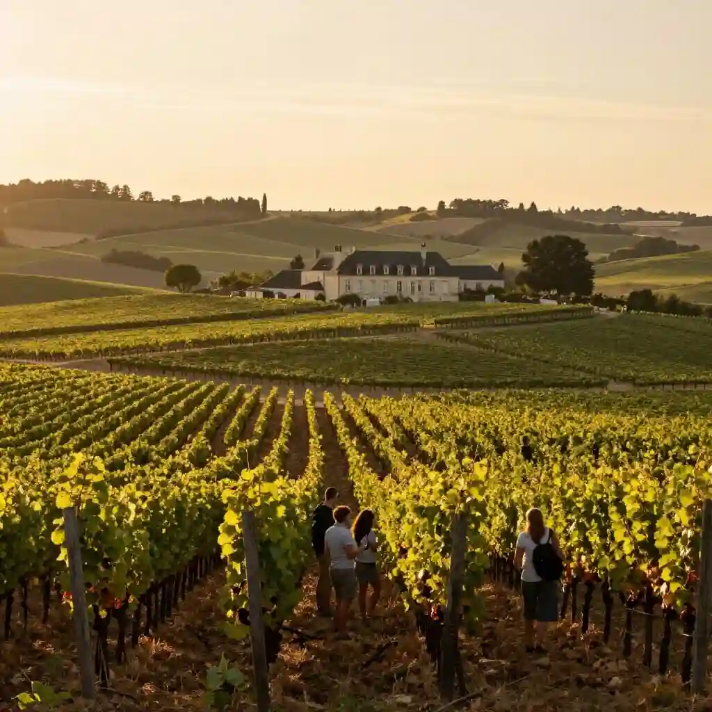 Visiteurs découvrant un vignoble français au cœur d’un paysage viticole