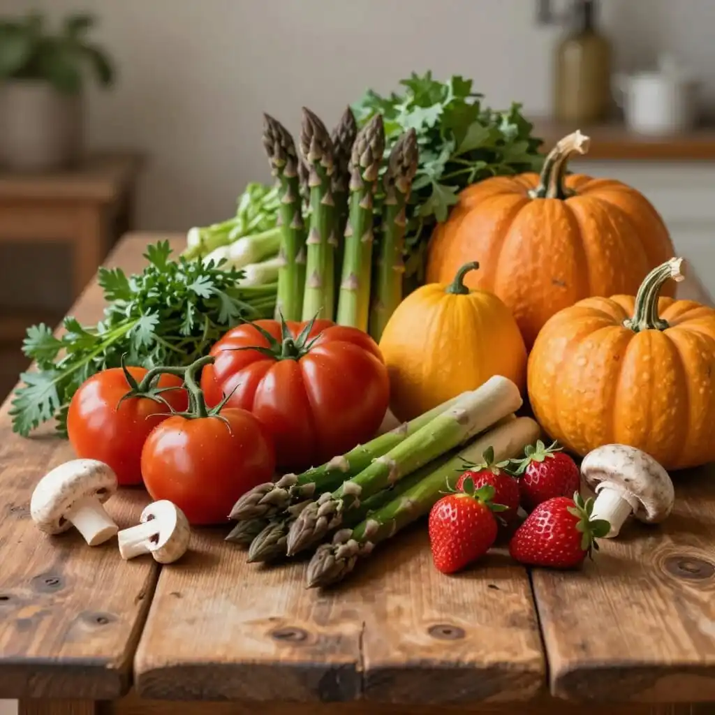 Assortiment de produits frais de saison utilisés dans la gastronomie française