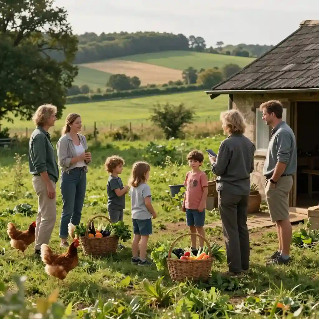 Visiteurs découvrant une ferme traditionnelle française au contact des producteurs